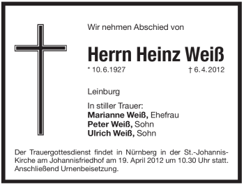 Traueranzeige von Heinz Weiß von Pegnitz-Zeitung